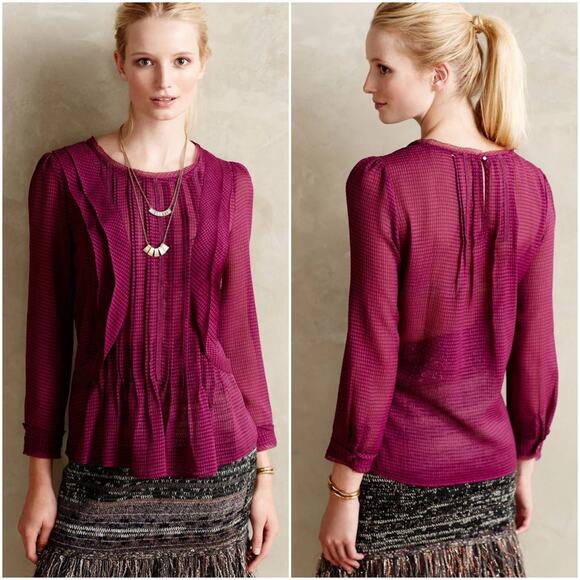 ANTHROPOLOGIE HD IN PARIS Thistleberry Long-Sleeve Sheer Peasant Blouse Size 10 - Picture 1 of 10